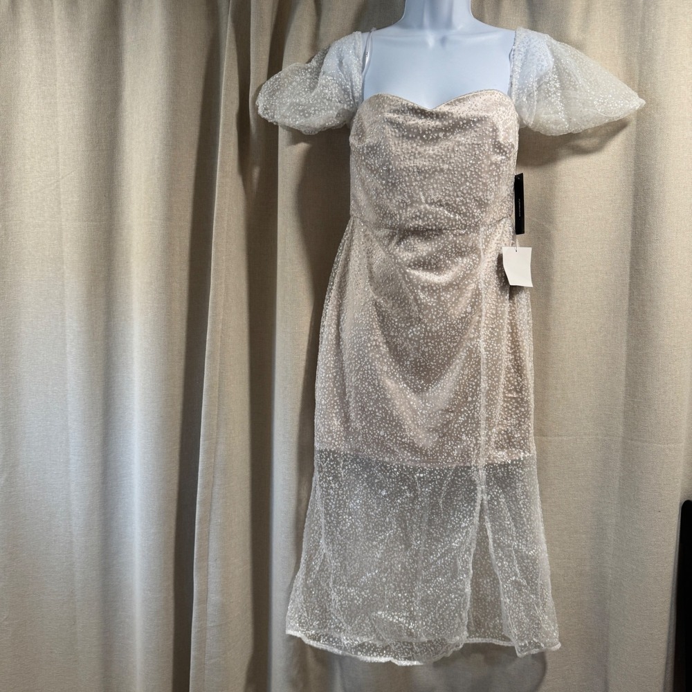 Lulus Champagne‎ Sparkle Midi Dress Puff Sleeves Sweetheart Neckline Party